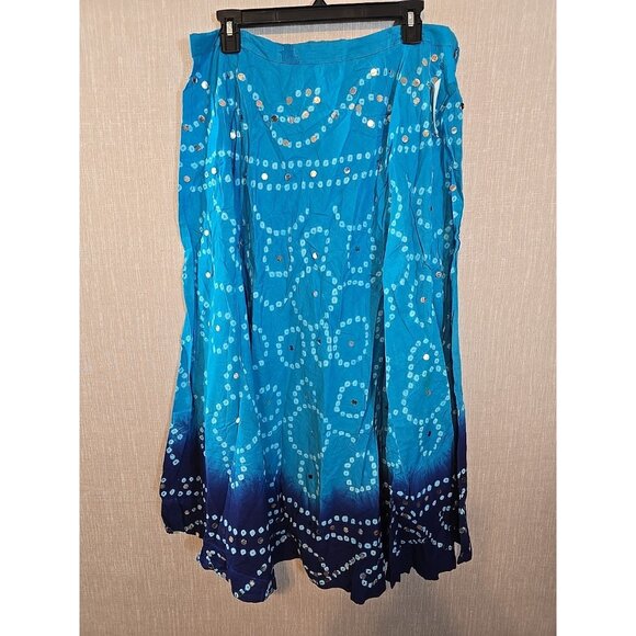 Handmade Blue boho midi skirt adjustable tie waist mirror sequins One Size New - Picture 2 of 16